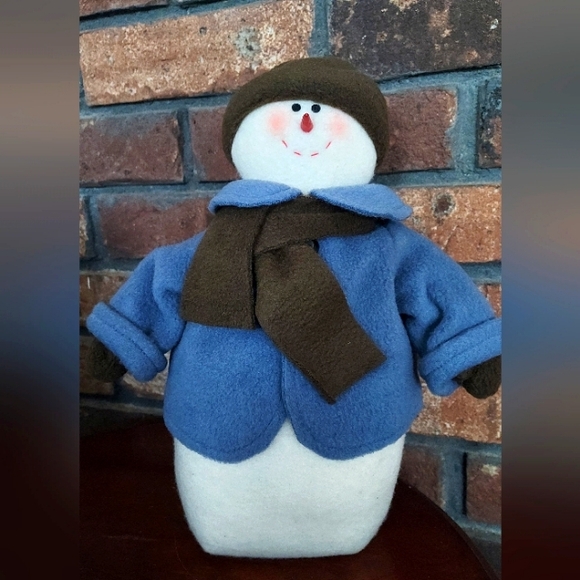 Snowman Felt Plush Christmas Decor Weighted Shelf Sitter White Blue Coat  Olive - Picture 1 of 7